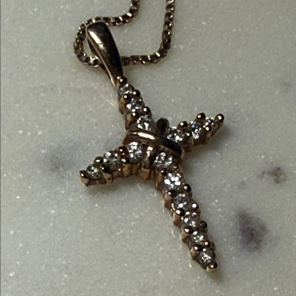 Elegant 925 CZ Yellow Gold Tone Cross Pendant Necklace